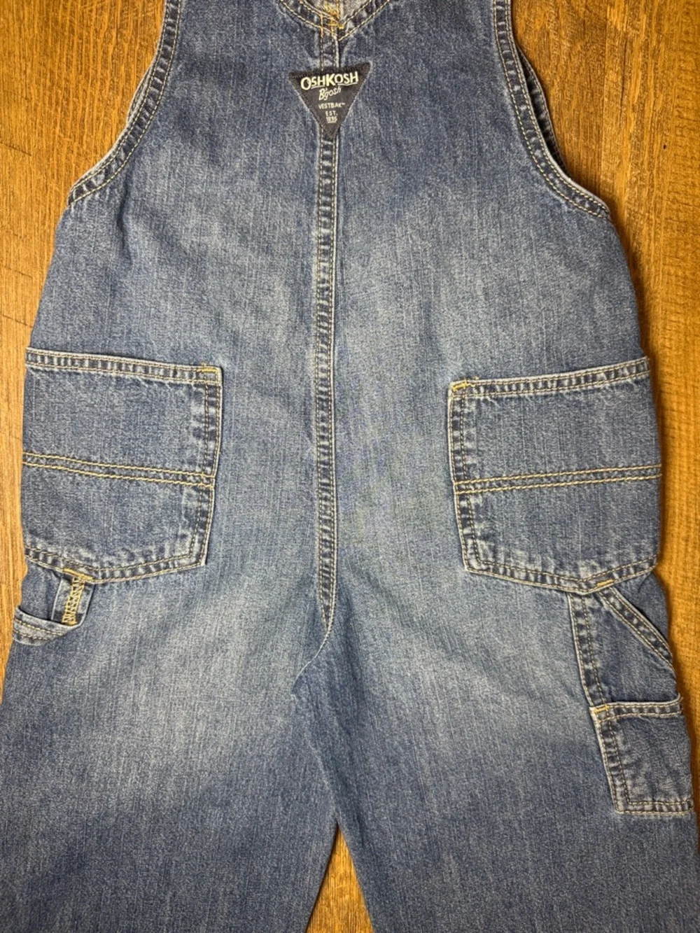 OshKosh B'gosh Boys' Blue Denim Overalls with Red White and Blue Straps Size 4T
